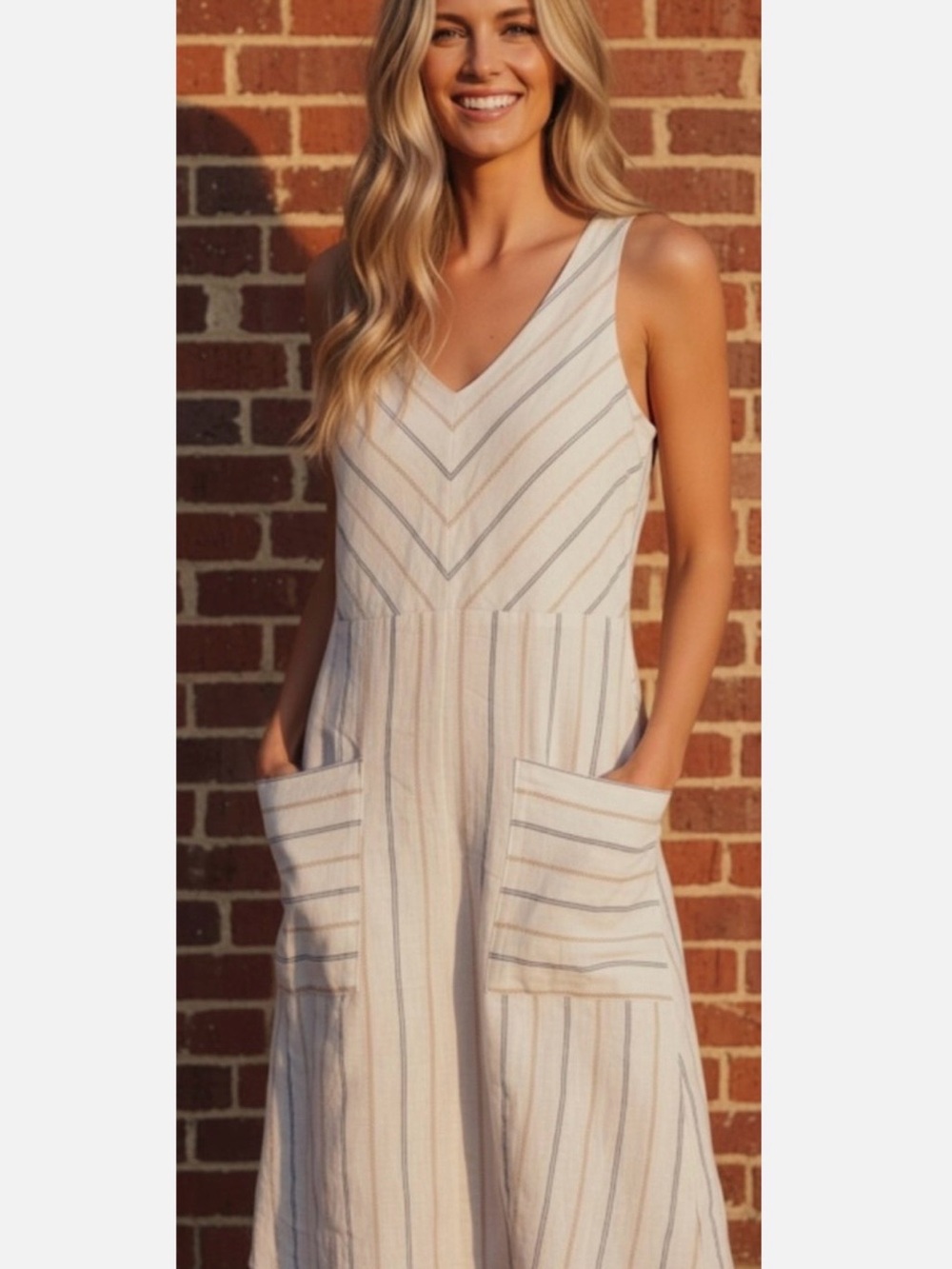 Sleeveless V-Neck Maxi Dress in Cream with Subtle Stripes
